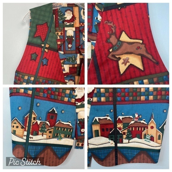 Handmade Applique Embroidered Christmas Vest Folk Art Santa Reindeer Village M - Picture 7 of 12